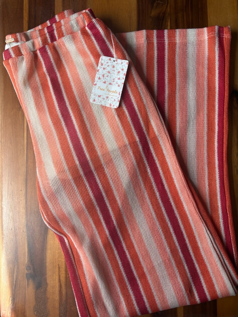 FREE PEOPLE Striped Knit Pants - Coral, Red & Cream